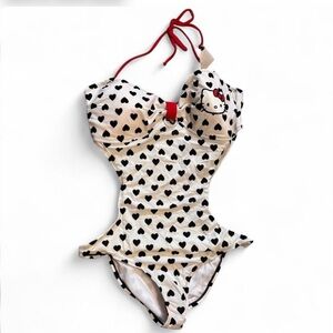 Hello Kitty Kids One Piece Swimsuit - Black Hearts on White